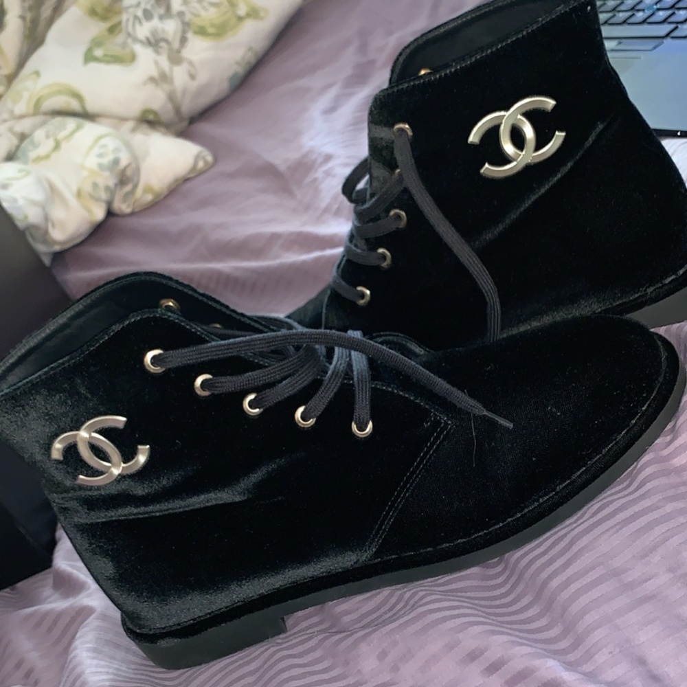 CHANEL VELVET LACE UP BOOTS
